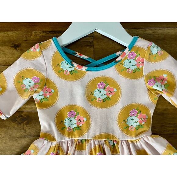 SweetHoney Knit Flair Dress Sewing Class Pink Blue Gold Floral Short Sleeve 2T - Picture 3 of 9
